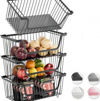 4 Pcs Stackable Wire Baskets for Pantry Organizers and Storage,Vegetable Fruit Basket for Countertop,Kitchen Storage Metal Baskets,Produce Potato Onion Storage Bin,Black