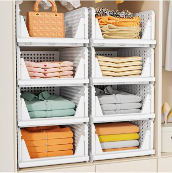SNSLXH 5 Pack Stackable Closet Storage Basket, Multifunctional & Foldable Closet Organizer for Bathroom Kitchen Laundry Room Wardrobe Storage, Space-Saving Clothes Storage Drawer Organizer, White